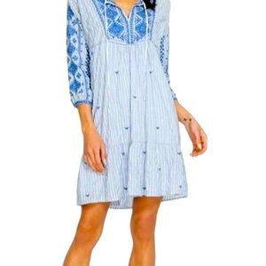 Johnny Was Striped Boho Dress with Blue Embroidery sz S